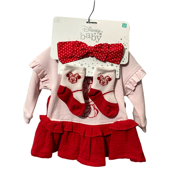 Disney Baby Minnie Mouse Pink 4 piece set 6-12 months socks/bow/top/bottom - Picture 1 of 5